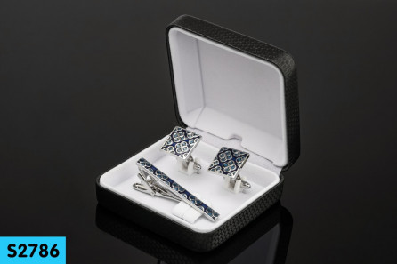 Set Blue Pearl Pattern Cufflinks and Tie Clip